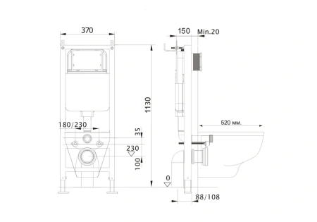 Инсталляция для подвесного унитаза узкая Aquatek Standart 37 INS-0000017, 1130*370*150 мм + звукоизоляционная прокладка