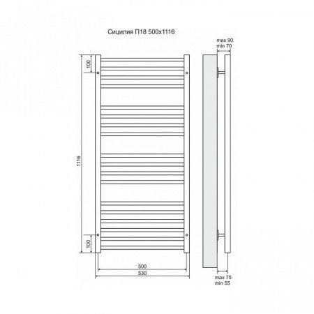 Полотенцесушитель электрический Terminus Сицилия П18 500x1116, ТЭН HT-1 300W, левый/правый