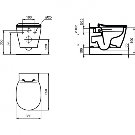 Пневматический промо-набор 4 в 1 Ideal Standard с унитазом E822301 CONNECT Rimless, с сиденьем и крышкой E772401, с инсталляцией PROSYS 120 P и пневматической панелью смыва OLEAS™ P1
