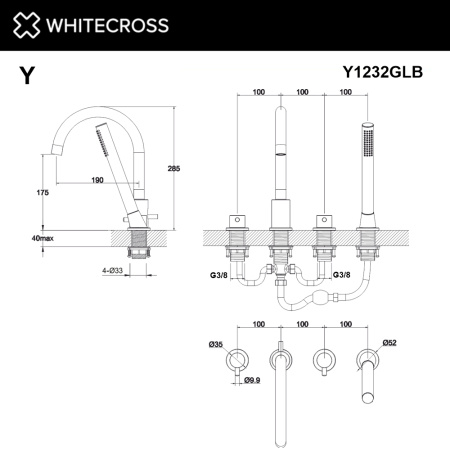 Смеситель для ванны на 4 отверстия WHITECROSS Y Y1232GLB (брашированное золото)