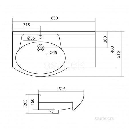 Раковина сложной формы Santek Коралл 83 отверстие под смеситель 1WH110228 с правым крылом