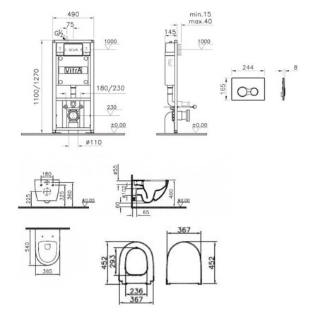 Комплект подвесной безободковый унитаз VitrA Sento Rim-Ex, система инсталляции VitrA V12, кнопка Sirius матовый хром, тонкое сиденье микролифт