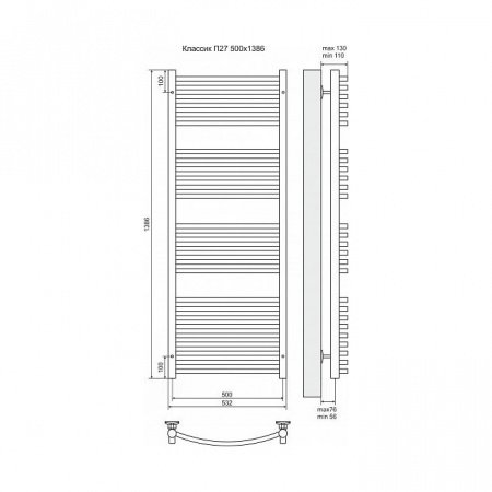 Полотенцесушитель электрический Terminus Классик П27 500x1386, ТЭН HT-1 300W, левый/правый