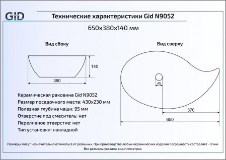 Раковина накладная 65см Gid N9052 белый