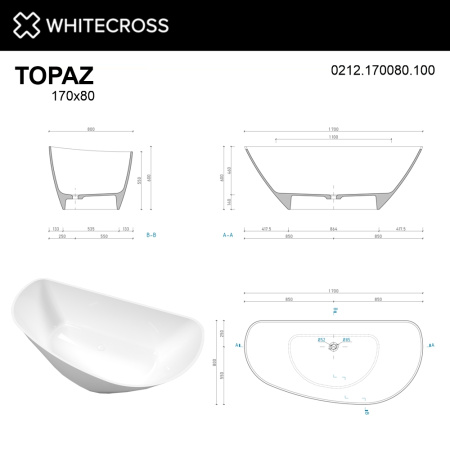 Ванна WHITECROSS Topaz 170x80 (белый глянец) иск. камень