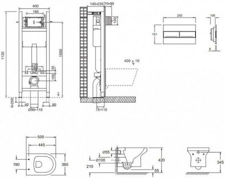 Комплект унитаза с инсталляцией Jacob Delafon Elite E21755RU-00 с сиденьем микролифт, кнопка белая