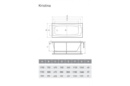 Ванна акриловая Relisan KRISTINA Гл000023015, 180x80