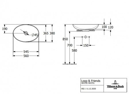 Раковина накладная 56см Villeroy & Boch Loop & Friends 4A4700R1 белый