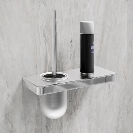 Ёршик для унитаза Lemark GLASS LINE 9761031 с держателем и полкой, хром/белое стекло