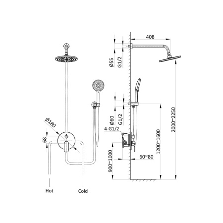 Встраиваемая душевая система со смесителем Vincea Esse VSFW-1E1MB черный матовый