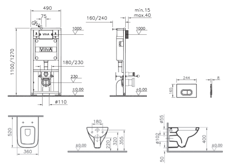 Комплект подвесного унитаза Vitra S20 9004B003-7207 с инсталляцией и кнопкой, сиденье микролифт