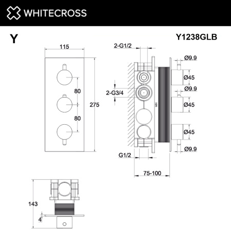 Смеситель термостатический для душа скрытого монтажа WHITECROSS Y Y1238GLB (брашированное золото)