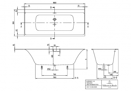 Квариловая ванна Villeroy & Boch Subway 3.0 180х80 белый, с наполнением