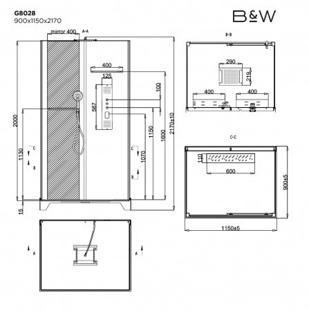 Душевая кабина Black&White G8028 115x90x215 профиль черный матовый, стекло прозрачное