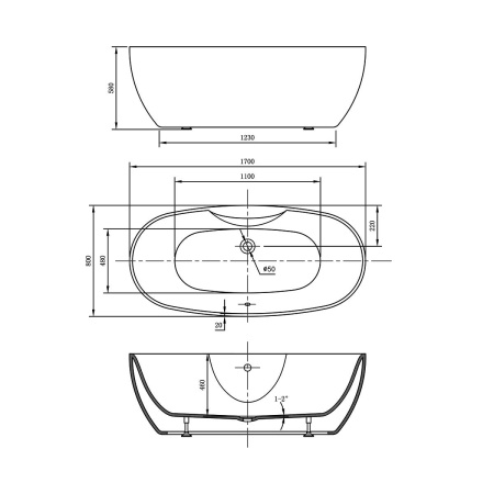 Ванна акриловая Vincea VBT-405B-1700, 1700*800*580, цвет белый, слив-перелив в комплекте, хром