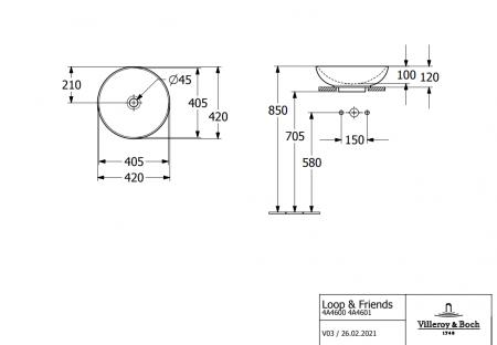 Раковина накладная 42см Villeroy & Boch Loop & Friends 4A460001 белый