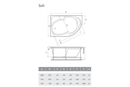 Ванна акриловая левосторонняя Relisan SOFI Гл000024565, 160x100
