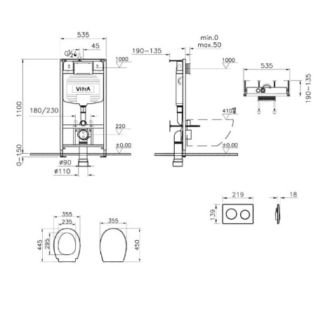 Комплект подвесной безободковый унитаз VitrA S10 SpinFlush, система инсталляции VitrA Uno, кнопка Uno глянцевый хром, сиденье микролифт