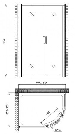 Душевой угол GEMY Victoria 100x90x190 профиль хром, стекло прозрачное, одна дверца