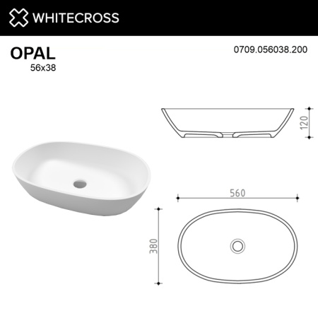 Умывальник WHITECROSS Opal 56x38 (белый мат) иск. камень