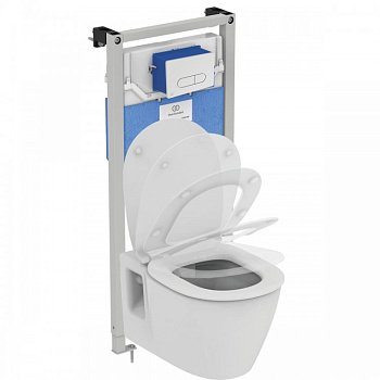 Пневматический промо-набор 4 в 1 Ideal Standard с унитазом E822301 CONNECT Rimless, с сиденьем и крышкой E772401, с инсталляцией PROSYS 120 P и пневматической панелью смыва OLEAS™ P1