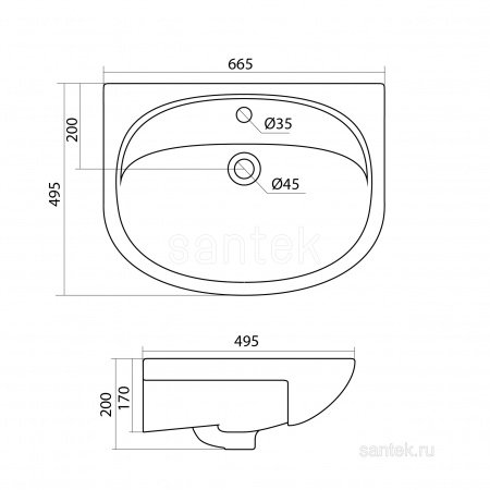 Раковина Santek Стелла 65 отверстие под смеситель 1WH110174