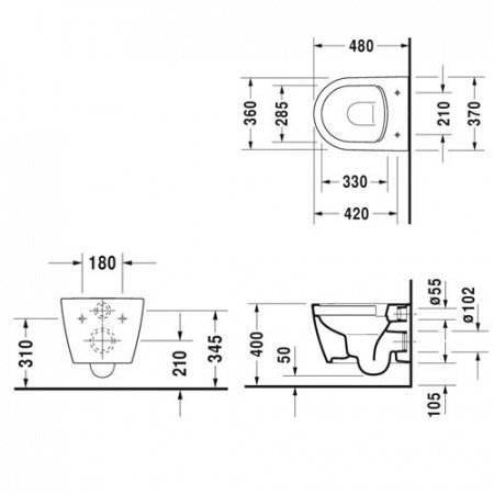 Комплект Duravit ME by Starck 45300900A1: унитаз подвесной 360х540 мм 253009 + сиденье с микролифтом: 002019 цвет: белый