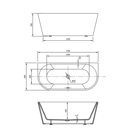 Ванна акриловая Vincea VBT-421-1700MB, 1700*800*580 цвет матовый черный, слив-перелив в комплекте, хром