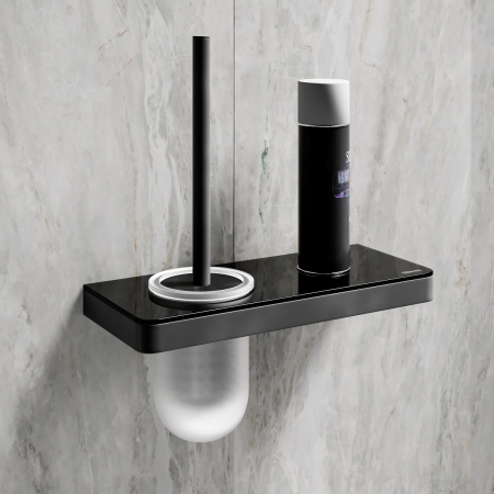 Ёршик для унитаза Lemark GLASS LINE 9762033 с держателем и полкой, чёрный матовый/черное стекло