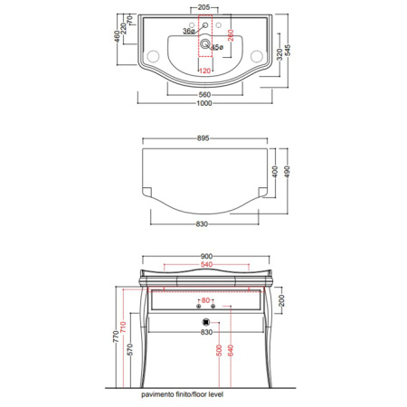Раковина подвесная на 3 отверстия 100см Kerasan Retro 105001*3 белый