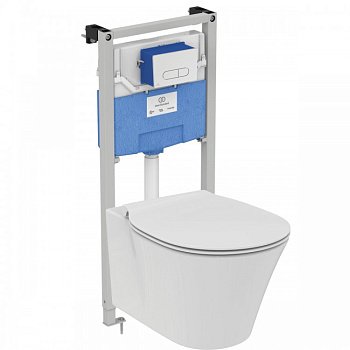 Промо-комплект 4 в 1 Ideal Standard с подвесным унитазом E005401 CONNECT AIR AquaBlade® с сиденьем и крышкой E036601 CONNECT AIR, встраиваемой инсталляцией R020467 PROSYS FRAME 120 M и механической панелью смыва R0115AA OLEAS™ M1