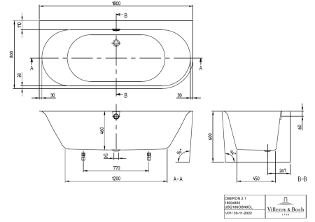 Квариловая ванна Villeroy & Boch Oberon 2.1 180х80 UBQ180OBN9CL00VD-01 белая, установка в левый угол