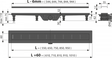 Душевой лоток AlcaPlast APZ10BLACK-850 с решеткой и опорами
