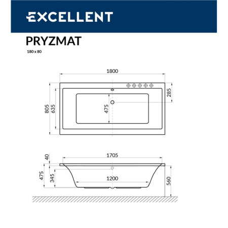 Ванна акриловая EXCELLENT Pryzmat 180x80