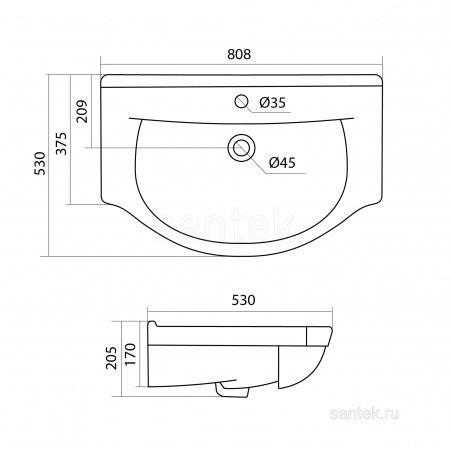 Раковина Santek Эльбрус 80 отверстие под смеситель 1WH109653