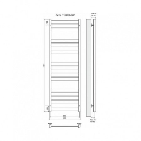 Полотенцесушитель электрический Terminus Латте П18 500x1581, ТЭН HT-1 300W, левый/правый