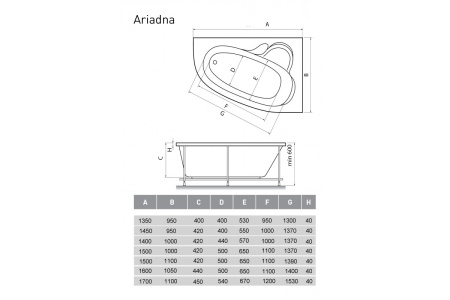 Ванна акриловая правосторонняя Relisan ARIADNA Гл000000952, 140x100