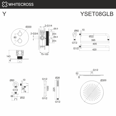 Термостатическая душевая система скрытого монтажа WHITECROSS Y YSET08GLB (брашированное золото)