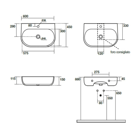 Раковина подвесная / накладная 60см Kerasan Nolita 534101*1 белый