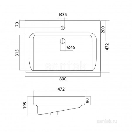 Раковина Santek Тигода 80 отверстие под смеситель 1WH302084