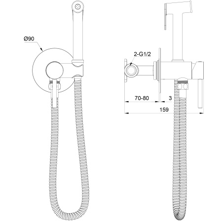 Смеситель с гигиеническим душем встраиваемый WONZON & WOGHAND STICK, Темный графит (WW- 88829902-BGM)