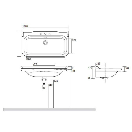 Раковина подвесная на 3 отверстия 100см Kerasan Waldorf 4142K1bi/cr*3 белый