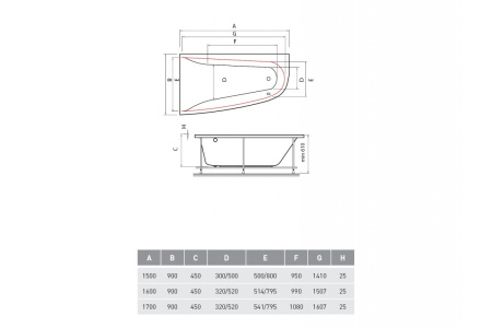 Ванна акриловая левосторонняя Vayer BOOMERANG Гл000009592, 170x90