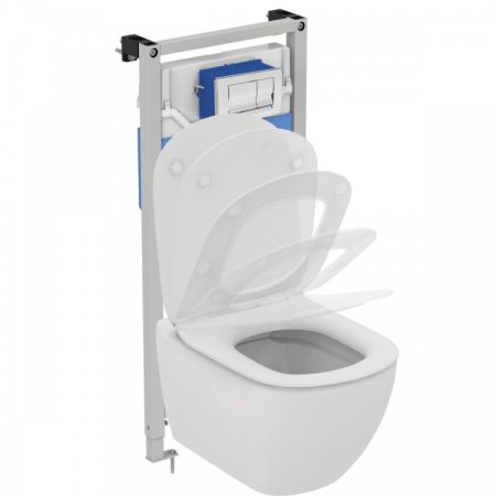 Промо-комплект 4 в 1 Ideal Standard с безободковым подвесным унитазом T355101 TESI Rimless  с сиденьем и крышкой T352701 TESI , встраиваемой инсталляцией R020467 PROSYS FRAME 120 M и механической панелью смыва R0108AA SOLEA M1