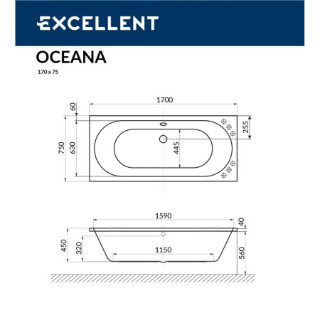Ванна акриловая EXCELLENT Oceana 170x75