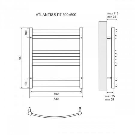 Полотенцесушитель электрический Lemark Atlantiss П7 LM32607REBL 500x600, левый/правый, черный
