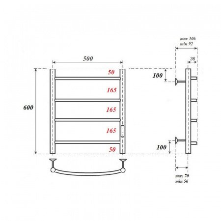 Полотенцесушитель электрический Point Афина PN04856 П4 500x600 диммер справа, хром