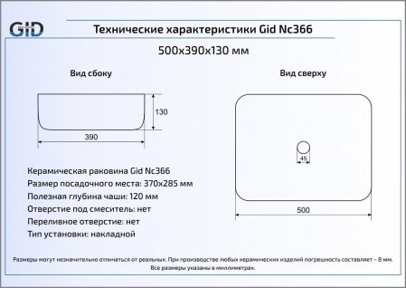 Раковина накладная 50см Gid Nc366 белый/чёрный
