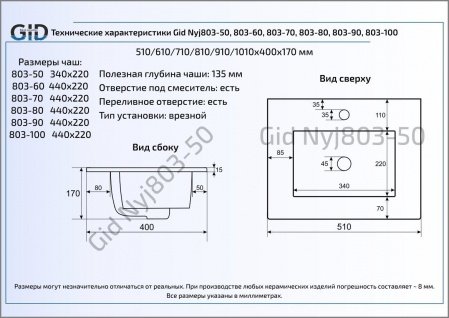Раковина встраиваемая сверху 61см Gid NYJ803-60 белый