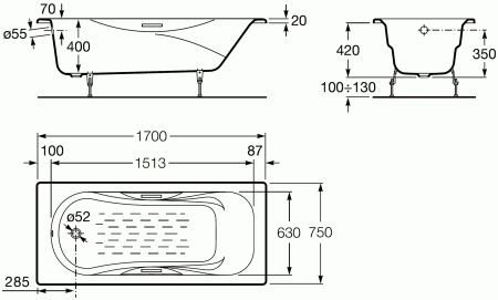 Чугунная ванна Roca Malibu 2309G000R 170х75 см с отверстиями под ручки